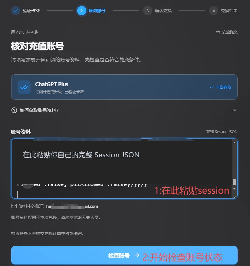 兑换第二步的账号资料输入区，示例Session内容已隐藏